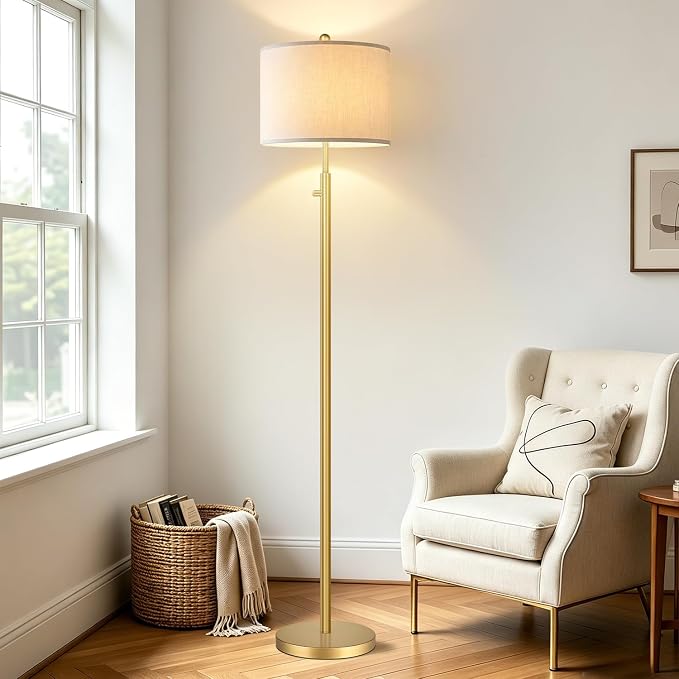 Nintiue 【Upgraded】 Dimmable Floor Lamp for Living Room, 11W LED Bulb Included, Modern Standing Lamp, Tall Pole Light with Linen Shade for Bedroom Reading Office Corner Nursery-Gold