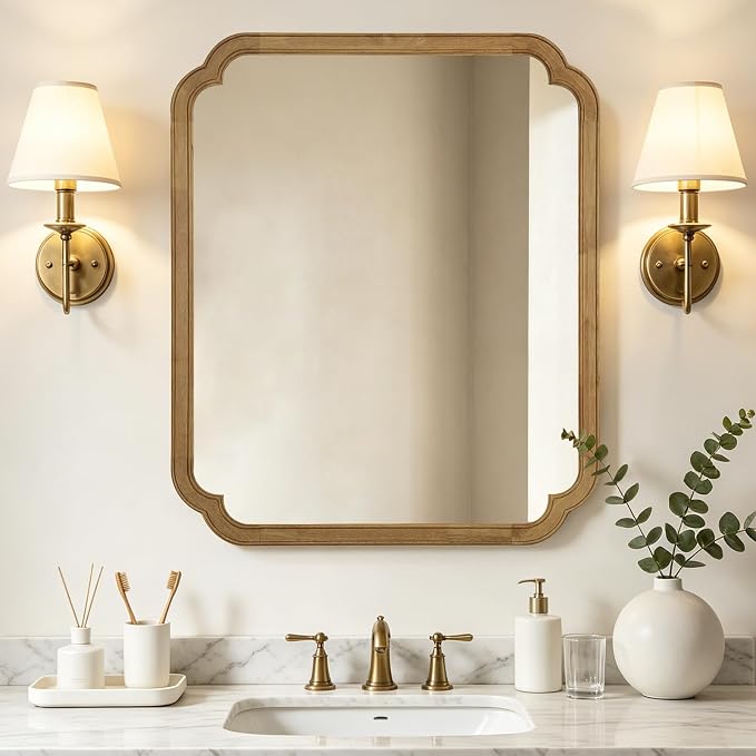 WallBeyond 30" x 36" Wood Bathroom Mirror for Wall Mounted, Rustic Rounded Corner Wood Frame Wall Mirror for Entryway, Living Room or Bedroom Home Decorative, Natural