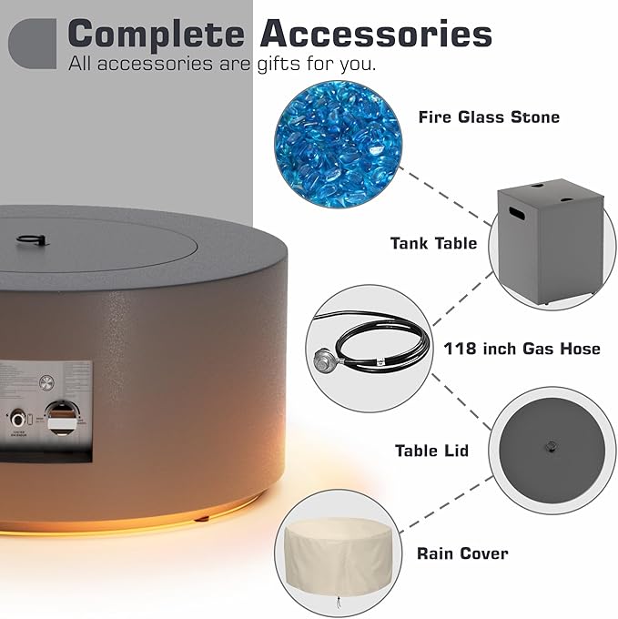 2-Piece 30" LED Round Propane Fire Pit for Outside Patio with Hidden Tank Table, 50,000 BTU Fireplaces with Lid, Glass Rocks, Cover(Dark Grey w/Golden Light)