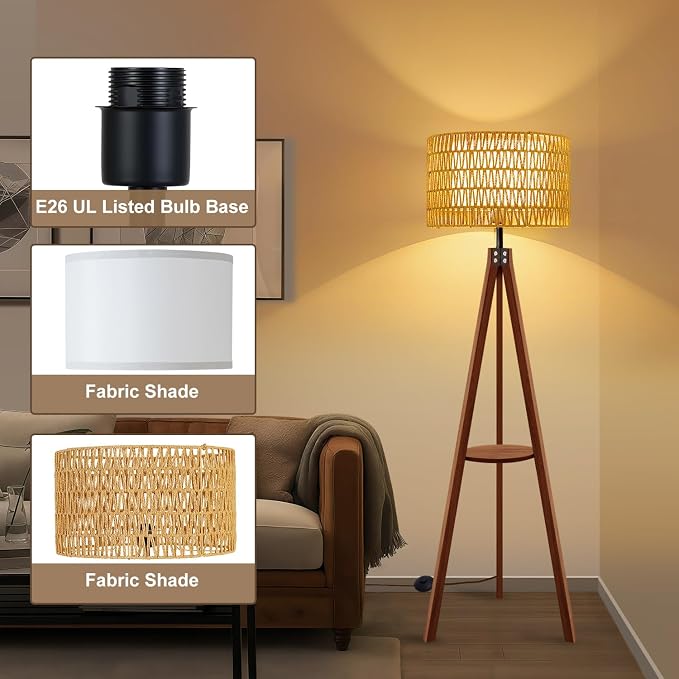 Rattan Wood Floor Lamp Tripod with Shelves, Mid Century Modern Floor Lamps for Living Room, 3 Color Temperatures with Foot Switch, Boho Standing Lamp for Bedroom Decor Walnut Brown Tall Lamps