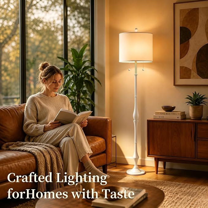 67.5'' Rustic Wooden Floor Lamp with Linen Shade, Farmhouse Floor Lamp for Living Room, Bedroom & Reading Nook, 3-Color Adjustable Tall Lamp with Pull Chain (White)