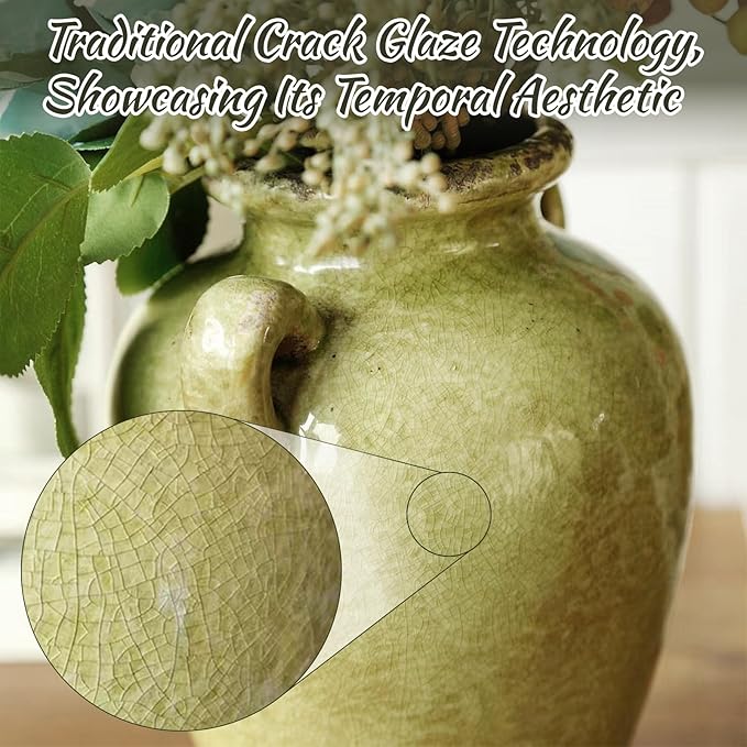 8 Inch Vintage Ceramic Vase, Rustic Chinoiserie Flower Vase Farmhouse Decorative Vases for Home Decor, Ice Cracked Glazed Terracotta Vases for Table Centerpiece Living Room Shelf Decor