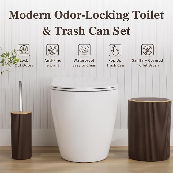 10PC Bathroom Accessories Set - Brown and Wooden Bathroom Sets, Bathroom Accessory Set with Pop Up Trash Can, Toilet Brush, Trash Can, Qtip Holder & Soap Dispenser