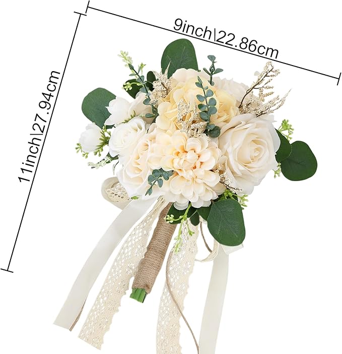 Set of 4 Bridesmaid Bouquets for Wedding, 9 Inch Boho Bridesmaid Flowers for Ceremony Anniversary Centerpieces Decorations, Artificial Rose Bouquets Romantic - Beige