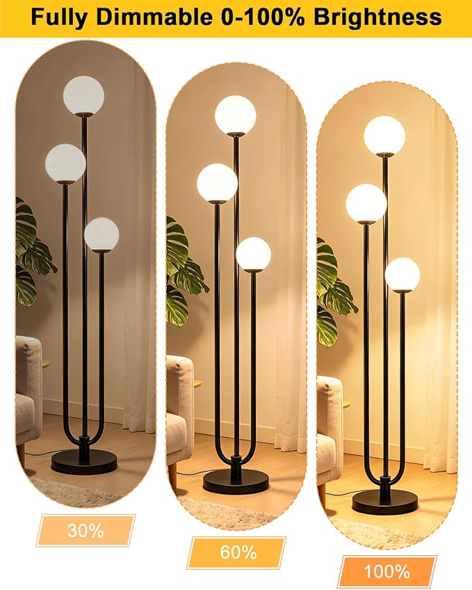 63IN 3-Light Dimmable Floor Lamp, Unique Black Tall Standing Lamps with 3000K Bulbs for Reading, Mid Century Modern Floor Lamp with 5Lbs Heavy Base for Living Room Bedroom Office