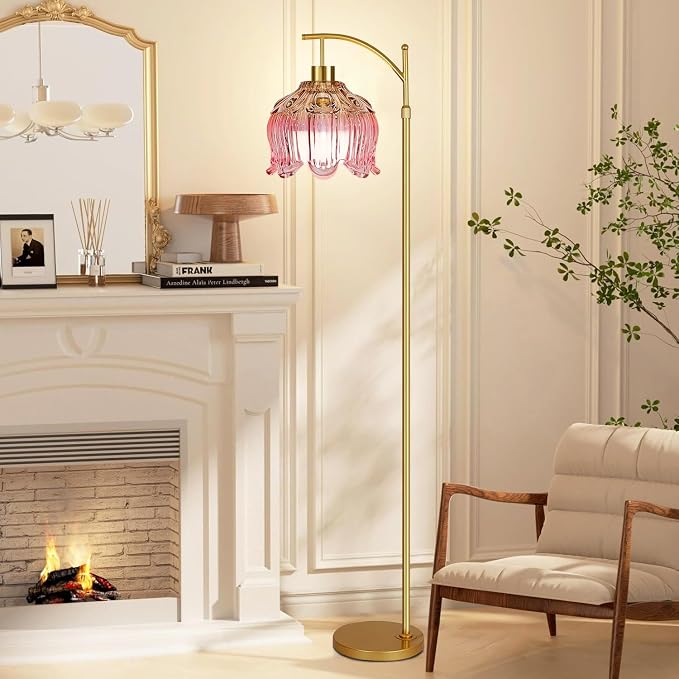QIYIZM Pink Floor Lamp for Living Room,Bedroom,Glass Gold Dimmable Standing Lamp with Remote,Mid Century Modern Brass Tall Lamp Boho Floor Lamps Arc Stained Tulip Flower Floor Light Lamp Bohemian