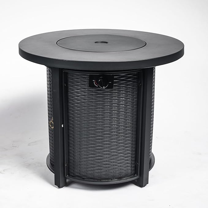 30" Propane Gas Fire Pit Table, 50000 BTU Round Steel Fire Pit with Lid & Glass 2 in 1 Fire Pit Table Rock for Outside Patio Deck Garden Courtyard
