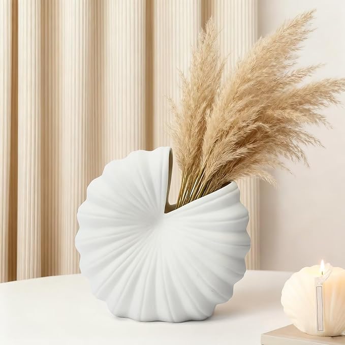 White Shell-Shaped Ceramic Vase for Flowers, 8 Inch Nordic Flower Vases