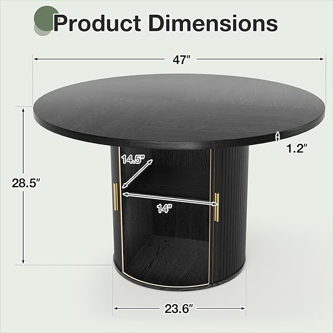 47" Round Dining Table for 4-6, Space-Saving Dining Room Table with Core Rolling Shutter Storage Shelf and Thick Tabletop, Wood Grain Dinner Table for Kitchen, Dining Room, Living Room, Black