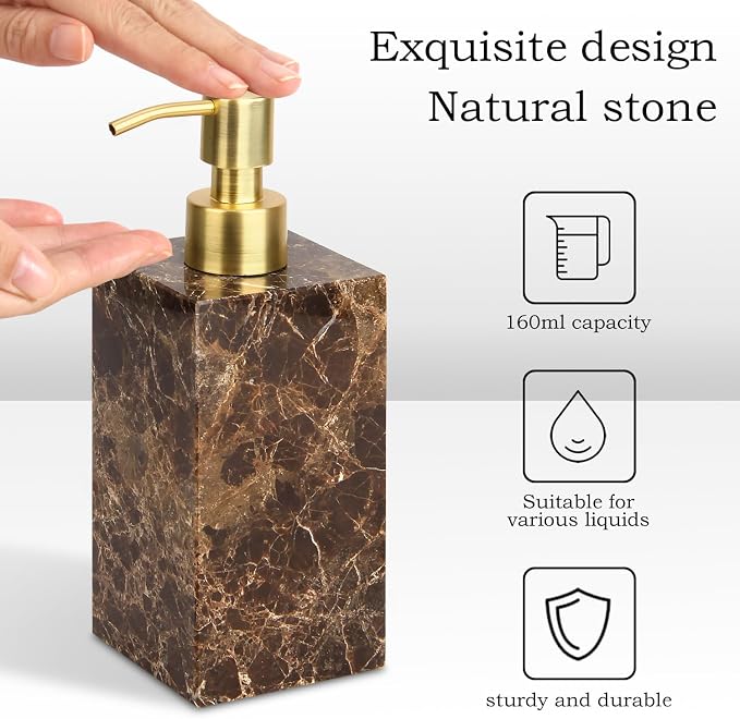 Natural Marble Soap Dispenser for Bathroom and Kitchen Countertop - 5.41 Ounces Hand Lotion and Liquid Stone Shampoo Laundry Bottle with Pump (1, Dark Brown, Rectangular Bottle)