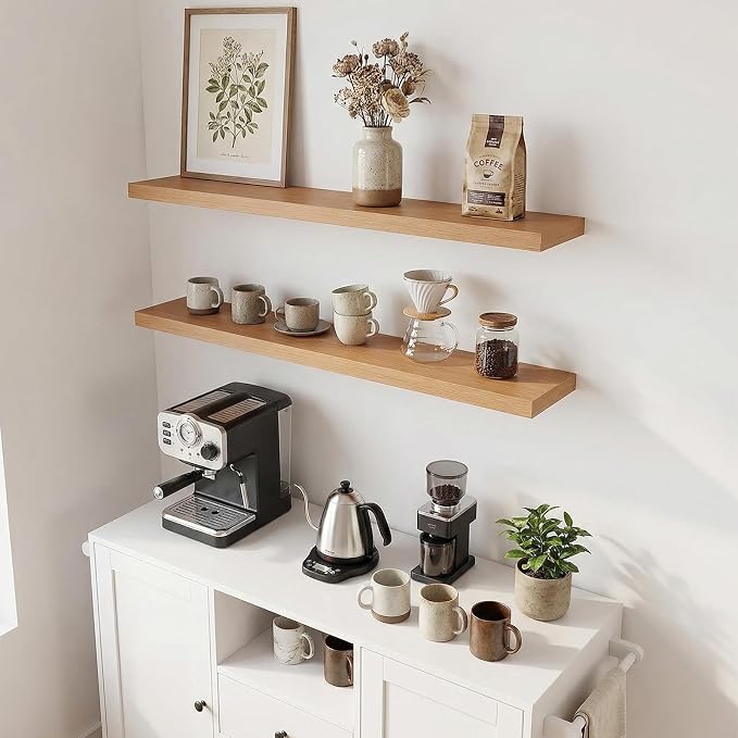 31.5in Floating Shelves for Wall, Wall Mounted Shelves for Decor Storage Set of 2, Floating Shelf for Bedroom, Bathroom, Living Room and Kitchen（Beech）