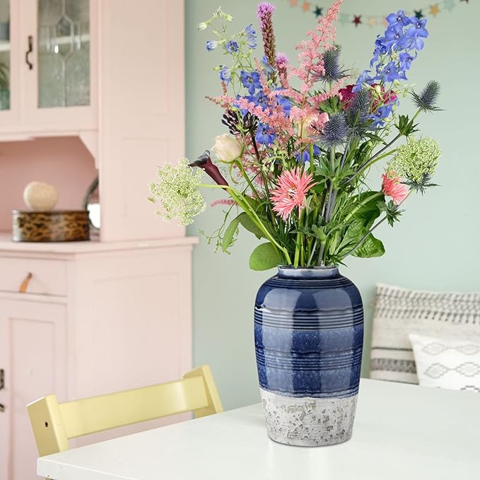 Decorative Ceramic Vases for Home Decor Two Tone Boho Flower Vase for Table Centerpieces Big Blue Pottery Vase Table Flowers Decor Vase Living Room Shelf Fireplace
