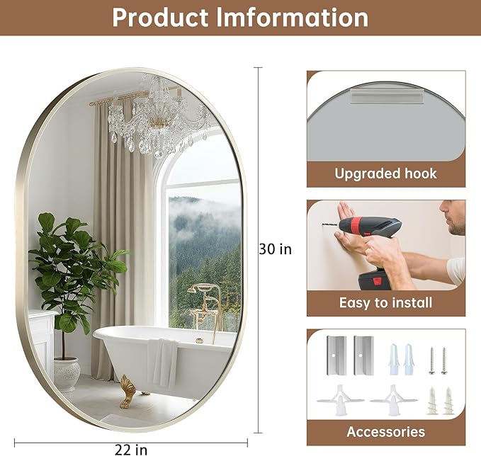 Brushed Nickel Mirror, 22"x30" Oval Bathroom Mirror, Oval Mirror with Brushed Metal Frame, Wall Mount Mirrors Decor for Bathroom, Bedroom, Entryway (Hangs Horizontally or Vertically)