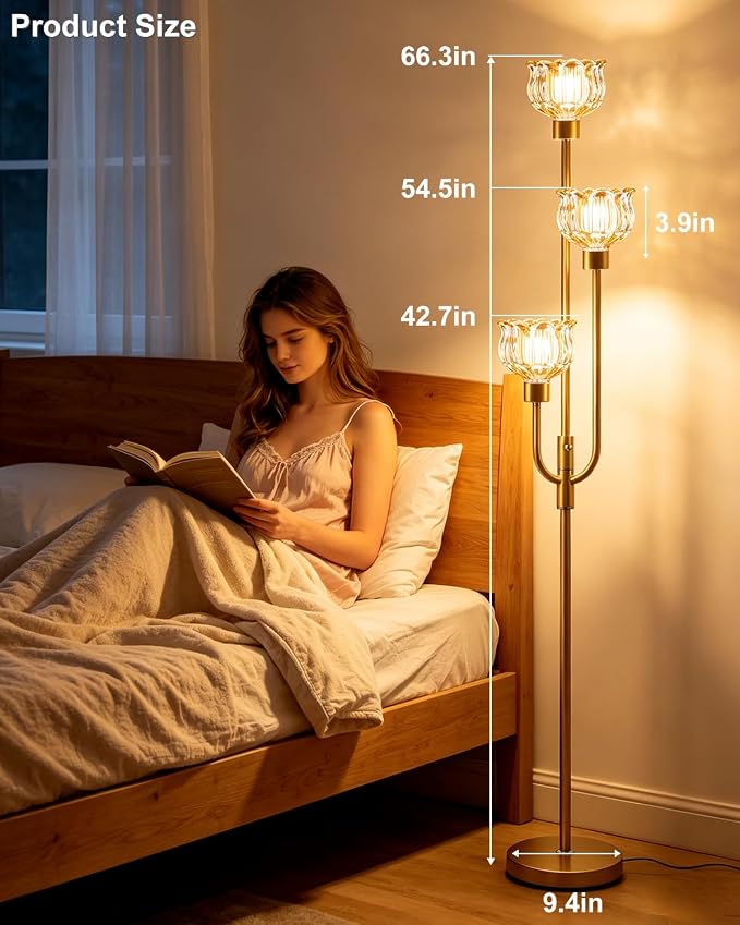 Lightdot 3-Lights Modern Glass Floor Lamp 66IN Gold Dimmable Floor Lamps with 3000K Warm White Bulbs for Wedding Party Tall Standing Lamp with Amber Glass Shade for Living Room/Bedroom/Home Decor