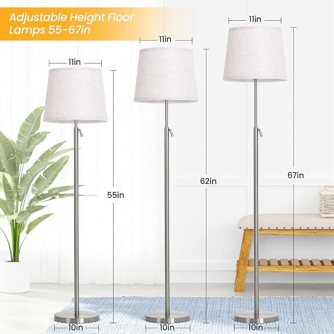 Modern Floor Lamp for Living Room and Bedroom- 55"-67" Height Adjustable Standing Lamps with Dimmable LED Bulb and Remote Control-Bright Tall Stand Light with Shade for Corner Lighting （Silver）