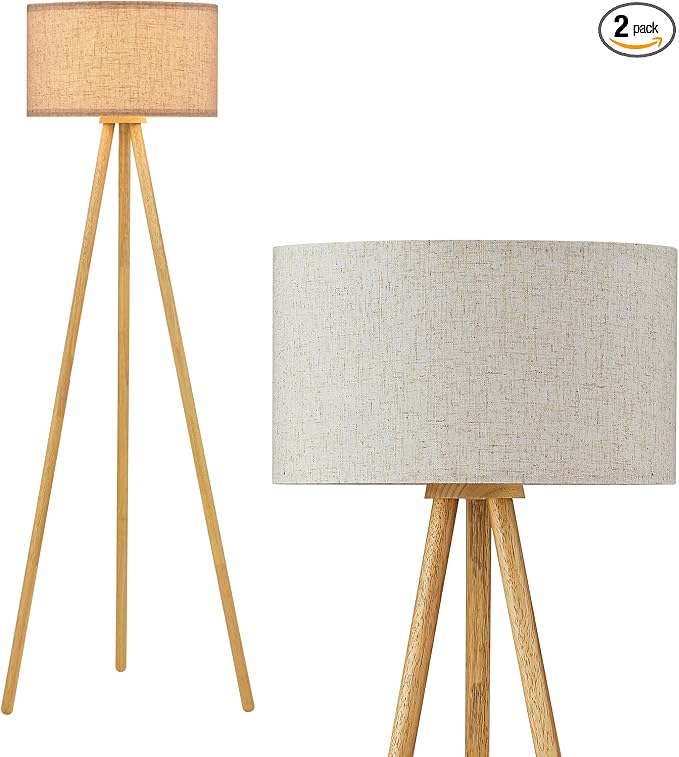 Wood Tripod Floor Lamp with 3 Color Temparature LED Bulb, Modern Wooden Standing Floor lamp Linen Shade for Living Room, Bedroom, Office, ETL Listed/Natural Wood Color