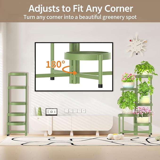 LASZOLA 5 Tiered Plant Stand Indoor Outdoor with Plastic Tray, Corner Folding Tall Flower Display Rack, Modern Plant Holder Shelf for Outdoor Patio Porch Garden Office Living Room, Green