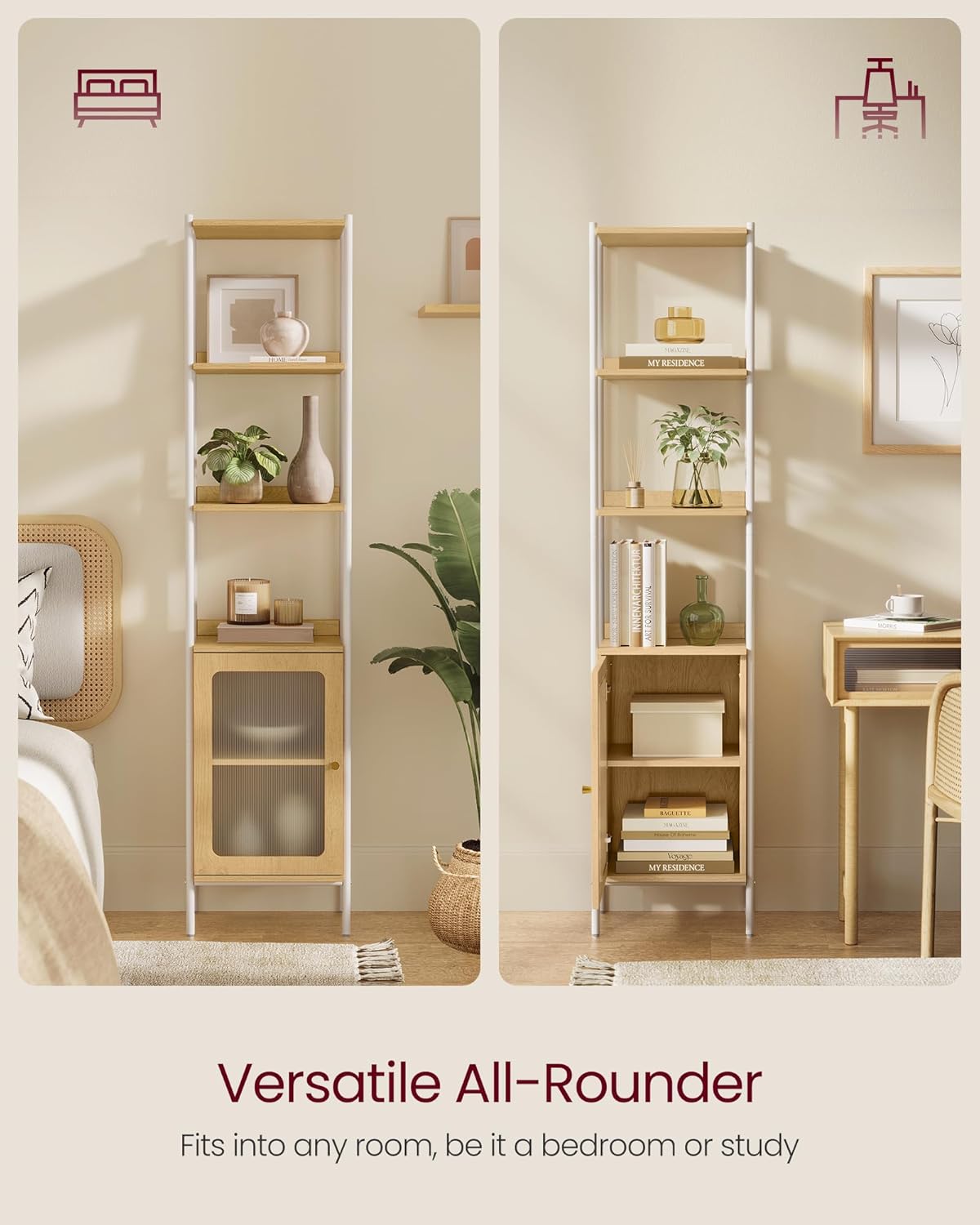 VASAGLE 6-Tier Bookcase - Slim Freestanding Storage Shelf with Adjustable PC Door | Oak Beige & Pearl White