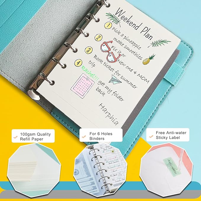 A7 Planner Refill,4 Packs per Set, Line Paper, A7 Binder Refills 6 Ring with Label Stickers Gift,Mini Binder Refills,6 hole/100gsm Thick Paper/4.84 x 3.23'', Harphia
