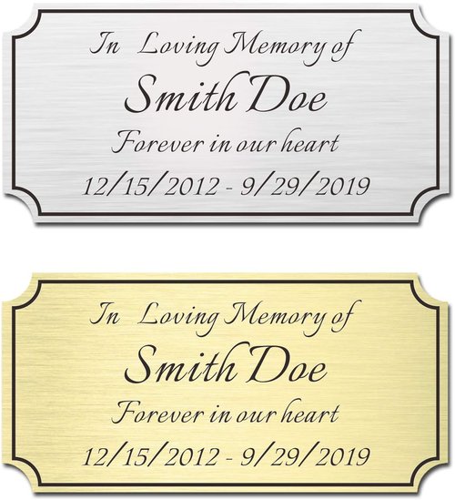 Regine Switzerland Custom Engraved Memorial Plaque - Elegant 2" H x 4" W Brushed Stainless Steel or Brass with Adhesive Backing or Screws | Notched Corner (Silver, Gold)