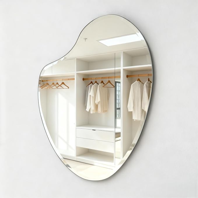 Frameless Asymmetrical Heart Shaped Wall Mirror, 20x28 Inch Beveled Edge Decorative Vanity Mirror for Bathroom, Bedroom, Entryway