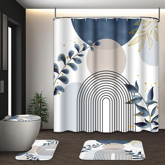 Boho Blue Mid Century Shower Curtain Set with Toilet Lid Cover and Non-Slip Rugs, Abstract Bohemian Gold Leaves Plant 4 Pcs Modern Minimalist Shower Curtain for Bathroom Set with 12 Hooks