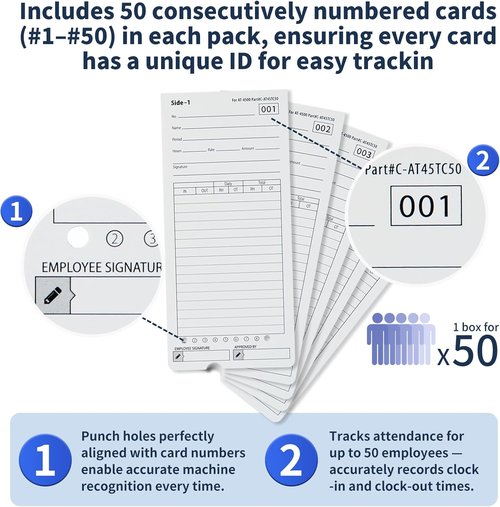AT-4500 Time Cards - 100 Pack of 2 Sets (50 Each) - Durable & Convenient for Time Tracking