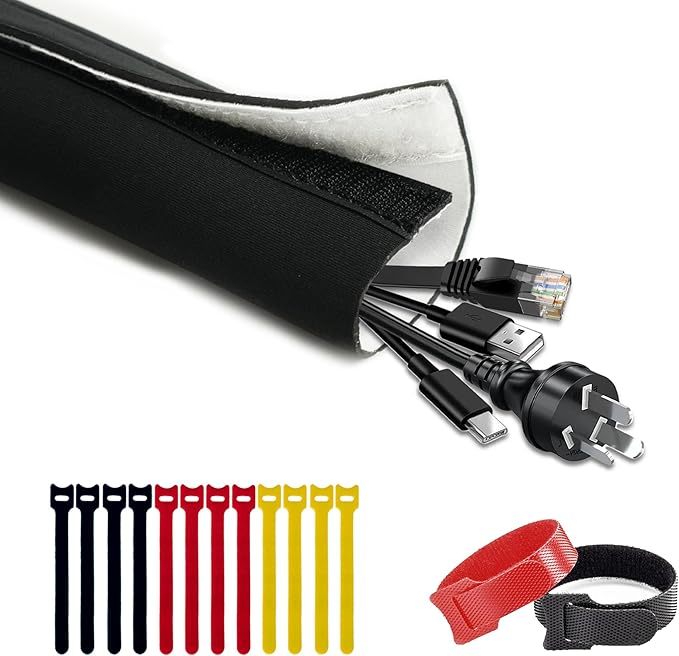 Cable Management Sleeve 10ft (120 inch) - 1.5 inch, Hook-and-Loop Cuttable Neoprene Cord Organizer, Split Wire Reversible Cord Protector for TV USB PC Ethernet Cable Hider Protect Pets Kids