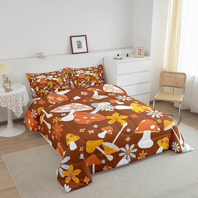Castle Fairy 60s 70s Retro Hippie Twin Size Comforter Set,Groovy Flowers Mushroom Print Duvet Set for Kids Boys Bedroom,Boho Art Soft Microfiber Bedding Comforters,2 Pcs