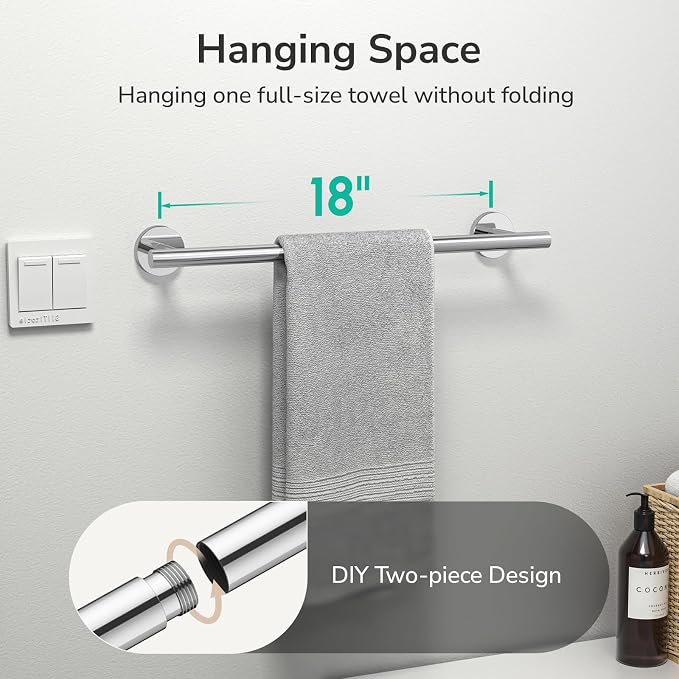 USHOWER Polished Chrome Towel Bar, 18-Inch Towel Racks for Bathroom Wall-Mounted, SUS304 Stainless Steel Towel Rod (Total Length 20-Inch)