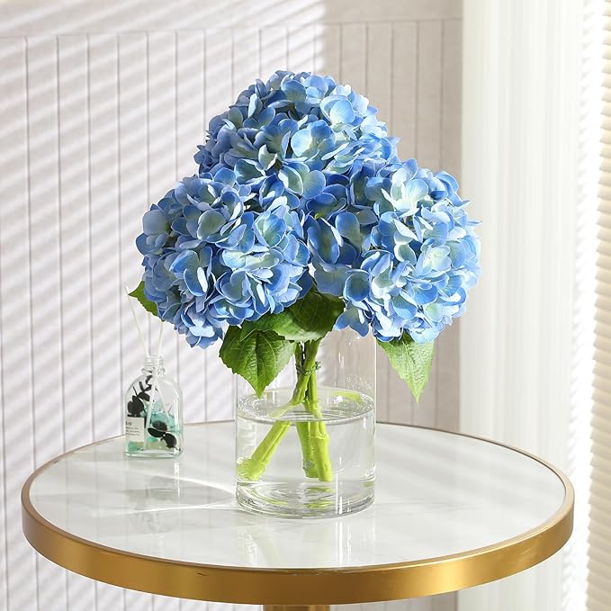 3Pcs Hydrangea Artificial Flowers, 22.44" Real Touch Latex Faux Hydrangea with Long Stems & Leaves for Home Office Decor or Wedding, Party, Centerpieces, Floral Arrangements (Blue)
