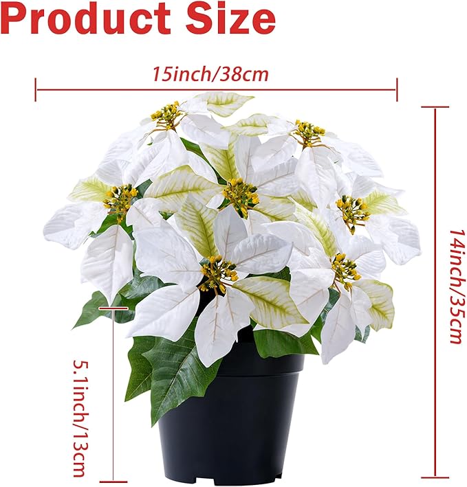 Artificial Poinsettia Flowers - 14Inch Faux Christmas Plant, Cream Winter Flowers for Indoor/Outdoor Xmas Ornament, Porch & Home Garden Decorations