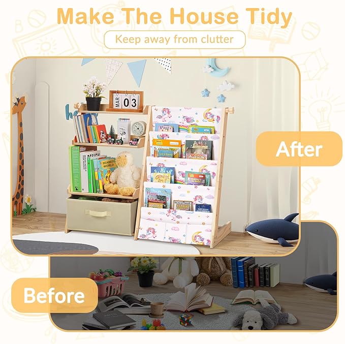 Kids Bookshelf and Toy Storage Organizer Wooden 2 in 1 Toddler Bookcase-4 Tier Book Shelf with Toy Box for Kids Room,Nursery,Playroom