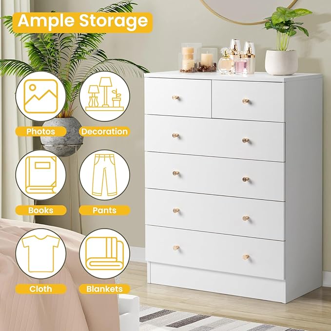 Karl home White 6 Drawer Dresser for Bedroom, Tall Dresser Chest of Drawers, Wood Bedroom Dressers Clothes Organizer, Anti-Tipping Device, Rose Gold Metal Handle, Living Room, Entryway, Office