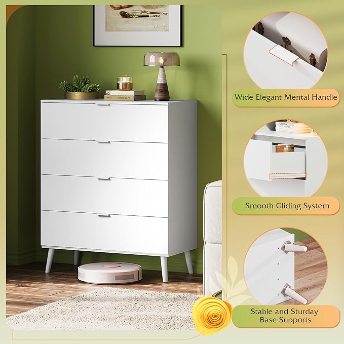 WLIVE 4 Drawer Dresser for Bedroom, Wooden White Tall Dresser, Modern Dressers with Sturdy Metal Handle, Small Chest of Drawers for Living Room, Hallway
