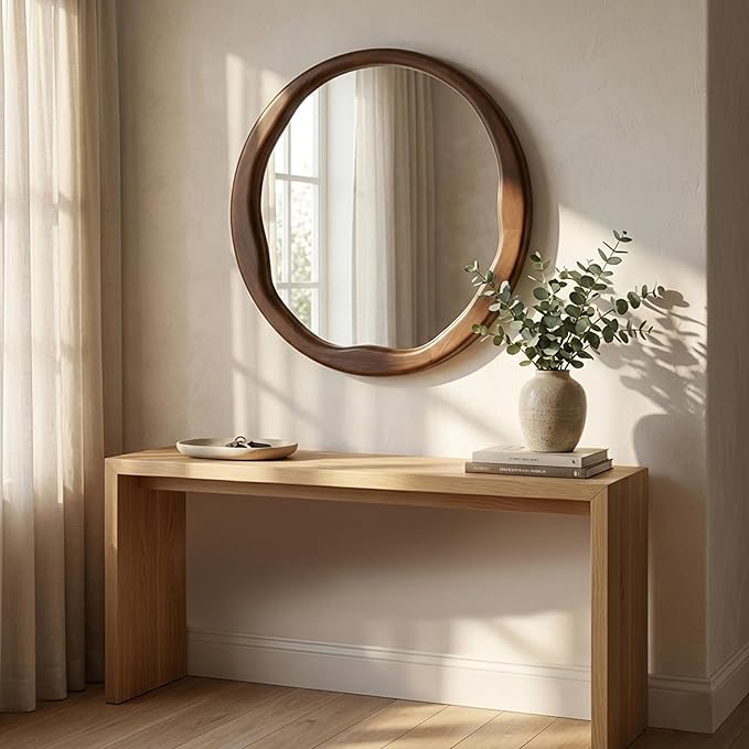Round Dark Wood Mirror 30 Inch, Large Solid Wood Framed Wall Mirror with Asymmetrical Wavy Inner Edge for Living Room, Fireplace & Dining Room Decor