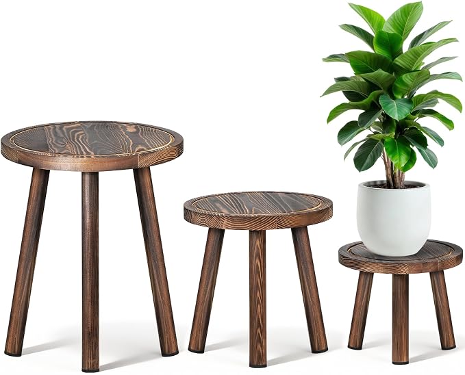 3-Pack Upgrade Thicken Wood Plant Stand Indoor, for 6-12 Inch Pots, Plant Stool Water-resistant Pinewood, Mid Century Modern Decor, Plant Stand 3 Sizes, for Living Room, Balcony, Office(Dark Brown)