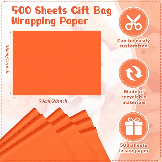 Qilery 500 Sheets Orange Tissue Paper Bulk for Gift Bags 15 x 20 Inch Acid Free Packaging Wrapping Decoupage Paper Sheets for Christmas Party Decoration DIY Craft, Bouquet, Wedding