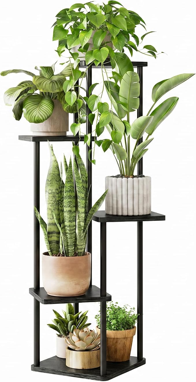 GENTINGBRO Tall Plant Stand Indoor 5 Tiered Plant Shelf for Multiple Plants Coner Shelf Stand Wood Plant Stand Metal Shelving for Living Room Bedroom Balcony Patio Black