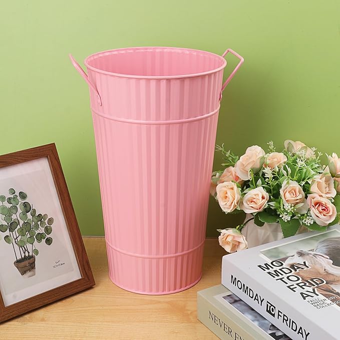 4 PCS 12 Inch Pink Galvanized Flower Buckets, Metal Flower Vase, Rustic Tall Flower Bucket with Handles for Wedding, Home Décor