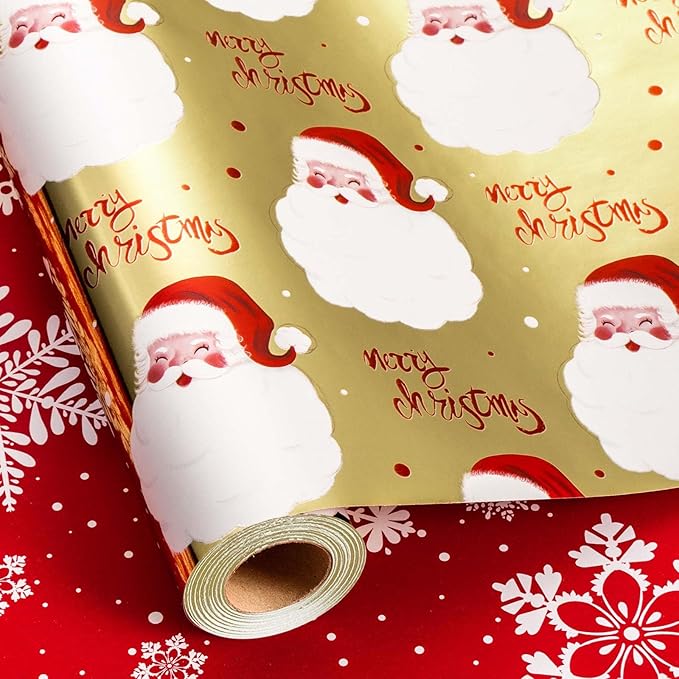 MAYPLUSS Gold Santa Claus Wrapping Paper Roll, 17IN X 33FT Red Christmas Gift Wrap Paper Featuring Merry Christmas Reversible Snowflake for Holiday New Year Kids