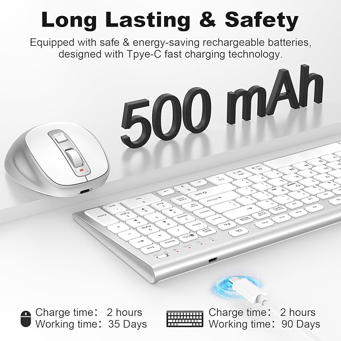 FENIFOX Wireless Keyboard and Mouse, Rechargeable USB C Combo Silent Quiet Compact Full Size Flat with Number Pad Soft Cover for Mac MacBook iMac Windows PC Laptop Computer Office - White & Silver