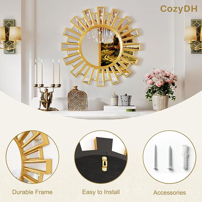Gold Large Sunburst Wall Mirror - 24 inch Round Beveled Sun Mirror with Layered Metal Frame for Wall Decorative Modern Boho Wall Art for Entryway Bedroom Living Room Hallway Bathroom Dining Room