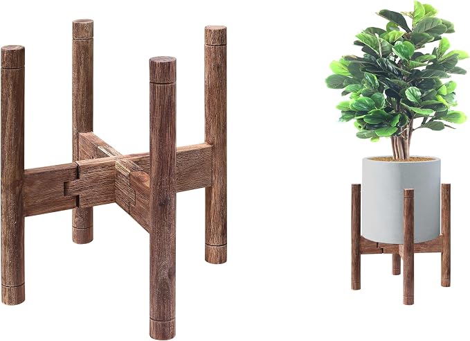 Adjustable Plant Stand for 8-12″ Pots – Solid Acacia Wood Mid-Century Modern Indoor/Outdoor Planter Holder with Stainless Steel Screws – Antique Brush Brown (Pot & Plant Not Included)