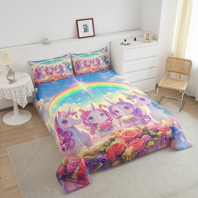 Castle Fairy Kawaii Unicorn Full Size Comforter Set,Cartoon Cute Unicorn Horse Animal Reversible Bedding Comforters Bedroom Collection,Stars Rainbow Watercolor Flowers Bedding Set for Girls Teens