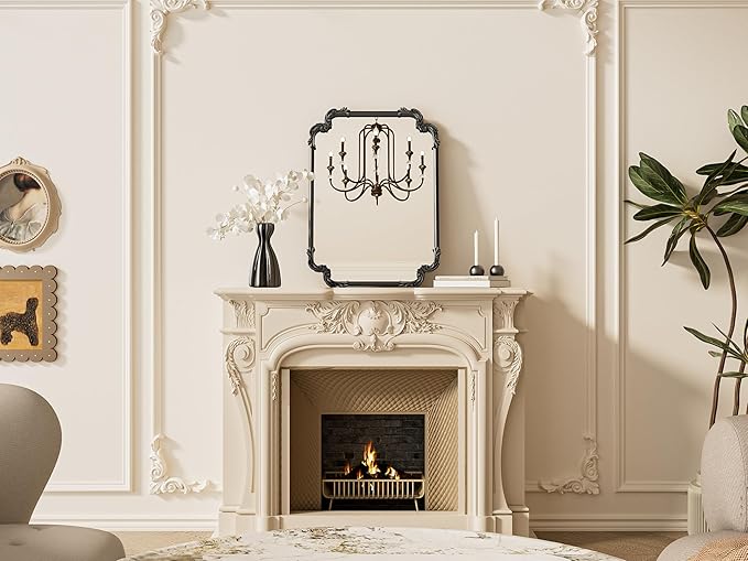 TETOTE Vintage Baroque Black Rectangle Mirror for Wall 22 x 30 Antique Scroll Frame French Mantle Mirror for Fireplace Bathroom Living Room Bedroom Decor, Horizontal/Vertical