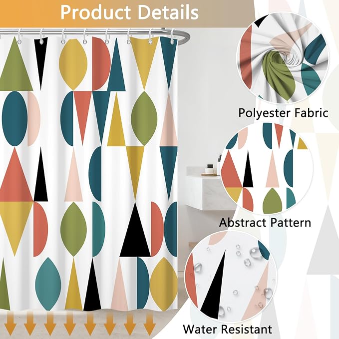 Colorful Rainbow Mid Century Shower Curtain for Bathroom, Waterproof Machine Washable Polyester Fabric Shower Curtain with 12 Hooks, Modern Boho Abstract Geometric Art Decor Bath Curtains, 72x72 Inch