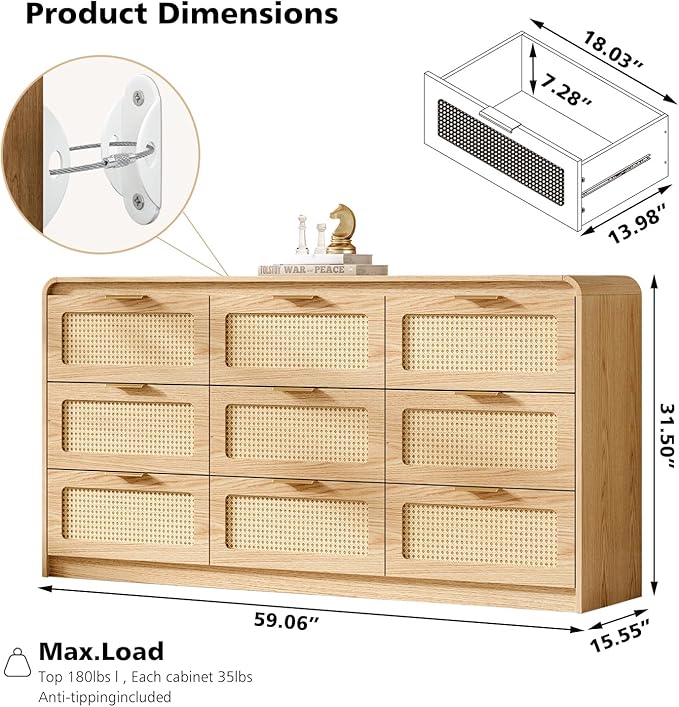 Mid Century Modern Dresser,Rattan 9 Drawers Dresser for Bedroom, 59" Wide Wood Dressers & Chests of Drawers/Curved Profile Design, Natural Texture for Bedroom, Living Room, Warm Wood