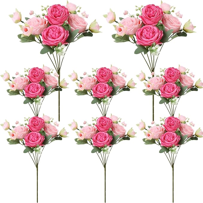 8 Pack Pink, Hot Pink Peonies Artificial Flowers, Fake Silk Hydrangea Bouquet for Bridal Wedding Home Table Decor Reusable Dining Opening Ceremony Birthday Arrangement Faux Floral