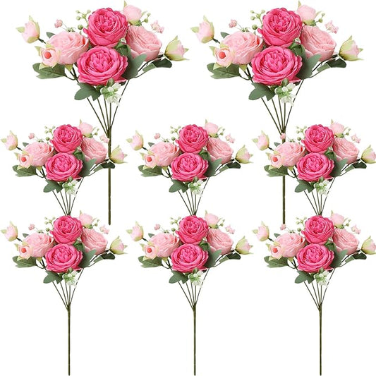 8 Pack Pink, Hot Pink Peonies Artificial Flowers, Fake Silk Hydrangea Bouquet for Bridal Wedding Home Table Decor Reusable Dining Opening Ceremony Birthday Arrangement Faux Floral